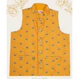 Little Bansi Silk Woven Sleeveless Floral Embroidered Nehru Jacket - Yellow-picture-14
