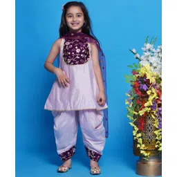 Little Bansi Sleevelesss Floral Embroidered Kurta With Dhoti & Dupatta - Pink-picture-11
