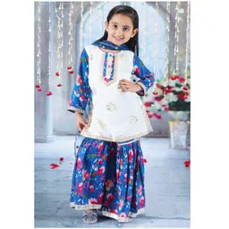 Little Bansi Three Fourth Sleeves Floral Printed With  Gota Lace & Sequin Embellished Coordinating Kurta Sharara With Dupatta Set - White & Blue-picture-22