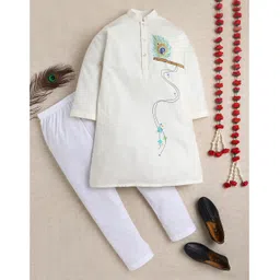Little Clothing Cotton Silk Woven Full Sleeves Sequins Embellished Flute Hand Painted Kurta Pyjama Set - Off White-picture-18