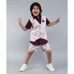 Little Clothing Cotton Silk Woven Half Sleeves Abstract Printed 3 Piece Party Suit Set - Wine-picture-10