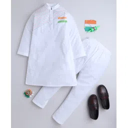 Little Clothing Cotton Silk Woven Republic Day Theme Full Sleeves Indian Flag Hand Painted Kurta Pyjama Set - White image 1