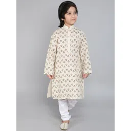 Little Clothings Boys Floral Block Printed Mandarin Collar Linen Kurta With Churidar-picture-56