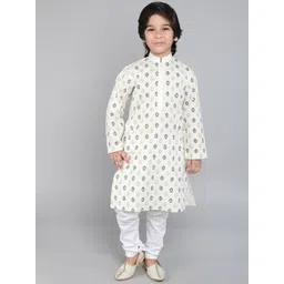 Little Clothings Boys Floral Hand Block Print kurta Paired white churidaar- 1-2y cream-picture-51