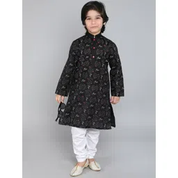 Little Clothings Boys Floral Printed Mandarin Collar Linen Kurta With Churidar-picture-39
