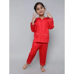 Little Clothings Girls 100% Cotton Silk V Neck Night Suits (Red)-picture-17