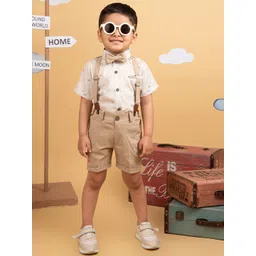 LITTLE COLLARS Boys Checked Short Sleeves Pure Cotton Shirt With Shorts & Suspenders-picture-14