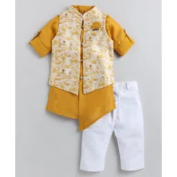 LITTLE COLLARS Full Sleeves Solid Kurta Pyjama With Abstract Printed Sequin Embellished & Embroidered Jacket Set - Mustard-picture-14