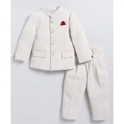 LITTLE COLLARS Rayon Full Sleeves Solid Jodhpuri Coat Pant Set - Cream-picture-11
