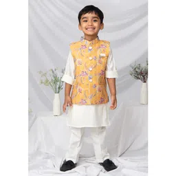 LITTLE COLLARS Silk Woven Full Sleeves Solid Kurta Pyjama With Floral Printed Nehru Jacket Set - Lemon-picture-11