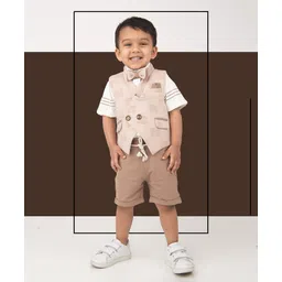 LITTLE COLLARS Super Soft Cotton Blended Half Sleeves Striped Shirt With Textured Jacquard Waistcoat Shorts & Bow Set - Khaki-picture-27