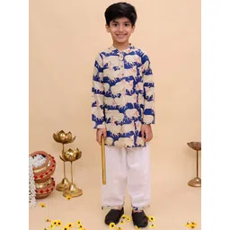 LITTLE GINNIE Boys Navy Blue Cow Printed Regular Pure Cotton Kurta with Pyjamas-picture-25
