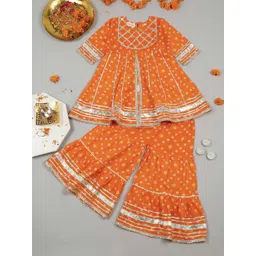 LITTLE GINNIE Girls Bandhani Printed Gotta Patti Pure Cotton Kurti with Sharara-picture-34