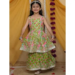 LITTLE GINNIE Girls Floral Printed Regular Gotta Patti Pure Cotton Kurta with Sharara-picture-37