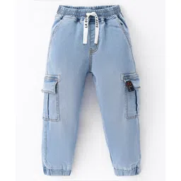 Little Kangaroos 100% Cotton Woven Full Length Denim Jeans with Cargo Pockets Solid Colour -Medium Blue-picture-33