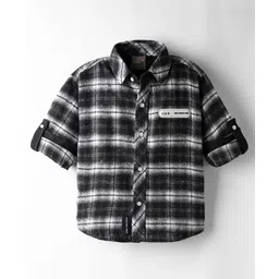 Little Kangaroos Cotton Woven Full Sleeves Checked Shirt with Printed Back - Black & White-picture-23