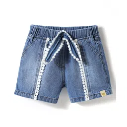 Little Kangaroos Denim Woven Knee Length Washed Shorts With Lace Detailing & Bow - Light Blue-picture-14
