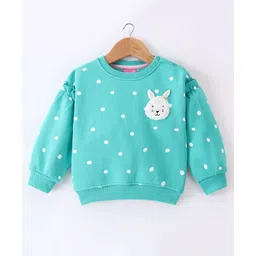 Little Kangaroos Fleece Full Sleeves Sweatshirt With Teddy Patch & Dots Print - Green-picture-18