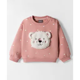 Little Kangaroos Fleece Knit Full Sleeves Sweatshirt with Bear Patch Detailing and Polka Dots Print - Peach-picture-35