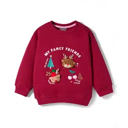 Little Kangaroos Fleece Knit Full Sleeves Sweatshirt with Christmas Theme Print and Applique - Maroon-picture-36