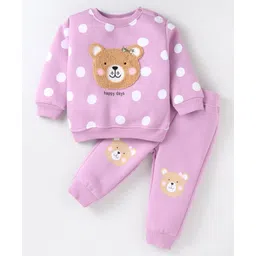 Little Kangaroos Fleece Knit Full Sleeves Winter Wear Sweatshirt & Lounge Pant With Teddy & Polka Dots Print - Lilac-picture-21