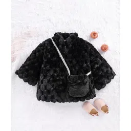 Little Kangaroos Full Sleeves Fur Jacket With Matching Purse Solid - Black-picture-26