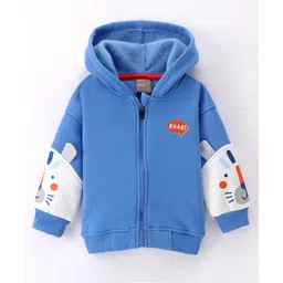 Little Kangaroos Full Sleeves Hooded Sweatjacket with Cat Patch - Blue-picture-19