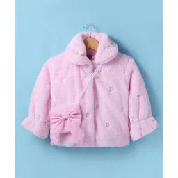 Little Kangaroos Full Sleeves Solid Color Sequinned Fur Winter Jacket with Sling Bag - Off Pink-picture-31