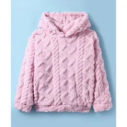 Little Kangaroos Fur Knit Full Sleeves Hooded Sweatshirt With Cable Knit Design - Pink-picture-21