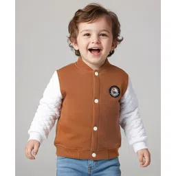 Little Kangaroos Fur Woven Full Sleeves Bomber Jacket With Dino Patch - Brown-picture-18