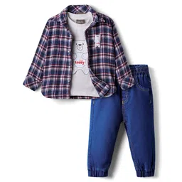 Little Kangaroos Knit Full Sleeves Checkered Shirt & Jeans with Inner Tee - Blue-picture-21