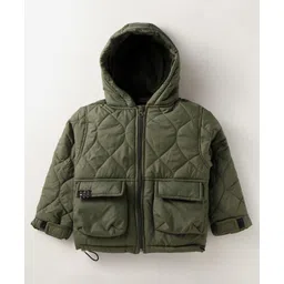 Little Kangaroos Knit Full Sleeves Hooded Padded Jacket With Quilted Design - Olive Green-picture-24