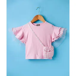 Little Kangaroos Knit Half Frill Sleeves Solid Color Top With Sling Bag - Pink-picture-15