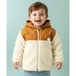 Little Kangaroos Woven Full Sleeves Hooded Winter Jacket With Quilt Design - Off White & Brown-picture-25