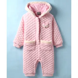 Little Kangaroos Woven Full Sleeves Hooded Winter Romper with Animal Applique - Pink-picture-21