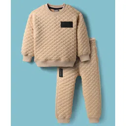 Little Kangaroos Woven Winter Wear Quilted Sweatshirt & Lounge Pant Set with Patch Detailing - Tan-picture-27