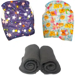 little monkeys Printed Reusable Washable Baby 2 Cloth Diaper with 2 Charcoal Bamboo Insert (Sky Blue and Yellow) For 0-36 Months Baby - S - M (4 Pieces)-picture-47