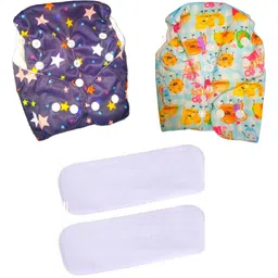 little monkeys Printed Reusable Washable Baby 2 Cloth Diaper with 2 Charcoal Bamboo Insert (Sky Blue and Yellow) For 0-36 Months Baby - S - M (4 Pieces)-picture-5