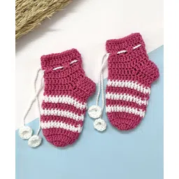 Little Peas Striped & Tassels Detailed Handmade Crochet Socks - Dark Pink & White-picture-26