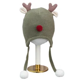 Little Surprise Box Woollen Blend Reindeer Designed Tie Up Detailed Knitted Cap - Olive Green-picture-12
