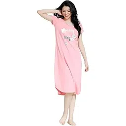 livax cotty Women Nighty HS Printed Round Neck Pure Cotton Miny Mew Pink-picture-40