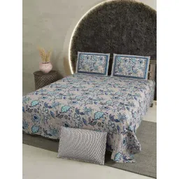 Living Roots Blue 300 TC Cotton King Bedsheet with 2 Pillow Covers-picture-17