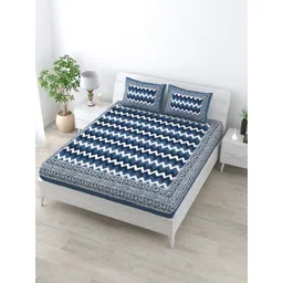 LIVING ROOTS Blue and White 144 TC Cotton Queen Bedsheet with 2 Pillow Covers-picture-32