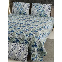 LIVING ROOTS Blue & White Floral Pure Cotton 300 TC King Bedsheet with 2 Pillow Covers-picture-35