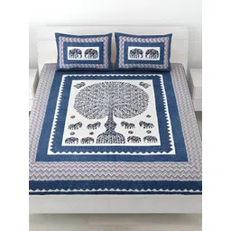 LIVING ROOTS Blue & White Printed 144 TC Pure Cotton Queen Bedsheet with 2 Pillow Covers-picture-36