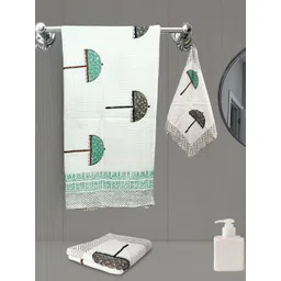 LIVING ROOTS Green 3 Pieces Block Printed 210 GSM Waffle Cotton Soft & Absorbent Towel Set-picture-24