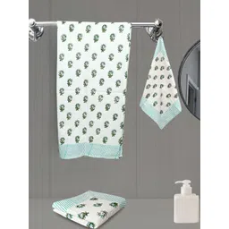 LIVING ROOTS Green 3 Pieces Block Printed 210 GSM Waffle Cotton Soft & Absorbent Towel Set-picture-37