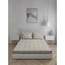 Living scapes by Pantaloons Blue & White Floral 210 TC Single Bedsheet with 2 Pillow Covers-picture-36