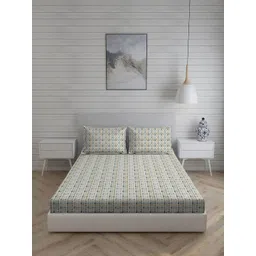 Living scapes by Pantaloons White & Green Floral 210 TC Queen Bedsheet with 2 Pillow Covers-picture-24