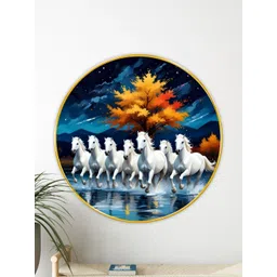Livin'luxe Blue & White MDF Round Horse Paintings Wall Art-16"-picture-18